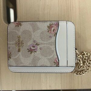 COACH Zip Card Case, Leather w Wrist Strap, ID Window, 3x4.5x0.75" Floral, CR971